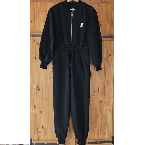 NWT FOR LOVE AND LEMONS JULIE BLACK FLEECE CINCH WAIST JUMPSUIT SIZE S - Picture 1 of 6